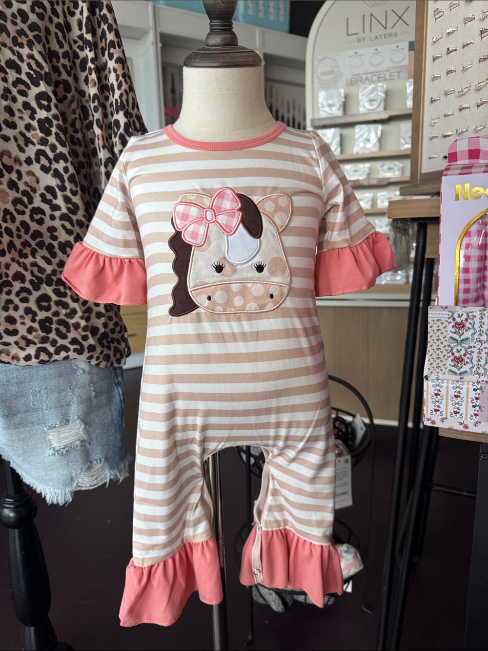 Girls Pink & Cream Striped Horse Appliqué Ruffle Footie - Kids One-Piece